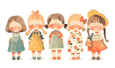 Cute cartoon children standing in a row, Generative AI 