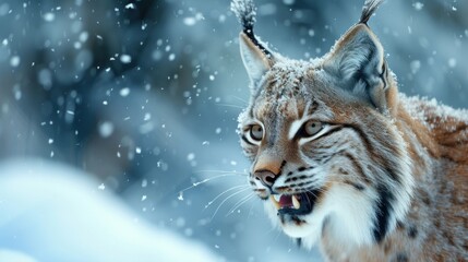 a close up of a lynx in the snow with it's mouth open and it's tongue out.