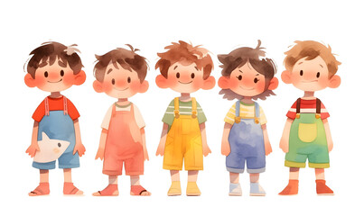Cute cartoon children standing in a row, Generative AI 