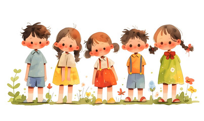 Cute cartoon children standing in a row, Generative AI 