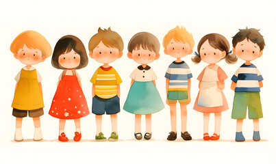 Cute cartoon children standing in a row, Generative AI 