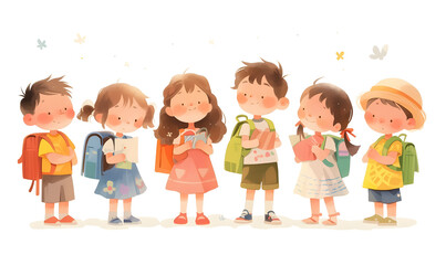 Cute cartoon children standing in a row, Generative AI 
