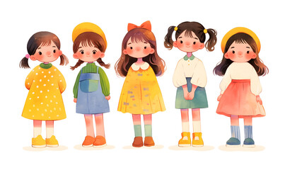 Cute cartoon children standing in a row, Generative AI 