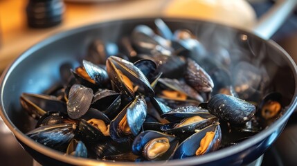 a blue bowl filled with mussels on top of a stove top next to a plate of food on a table.
