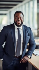 Plus size black businessman in business suit smiling in office