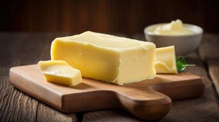 A white or light yellow piece of fresh butter. Healthy fats and carbohydrates. A nutritious breakfast. Home production, farming.