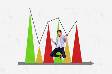 Funny business man collage of successful deal sell his tokens in crypto raised fists up isolated on...