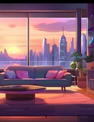 animated virtual backgrounds, stream overlay loop, interior, cozy futuristic living room at sunset, vtuber asset twitch zoom OBS screen, chill anime lo-fi hip, Generative AI