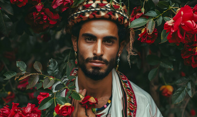 Photo handsome Arabic latin man bring red rose flowers