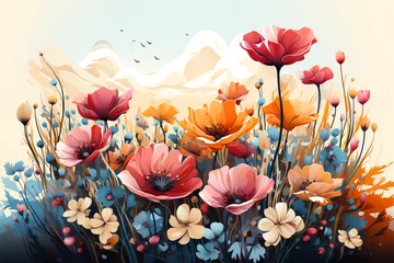 Poster de jardin Papillons en grunge beautiful field of blooming flowers patern, tile style, hand painted digital art, hand drawn grungy look Field spring wildflowers chamomile close-up with flying butterflies, illuminated  Generative Ai
