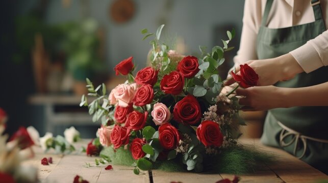 The female hands of the florist collect a beautiful bouquet. Festive flowers, a bouquet of red or pink roses.