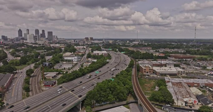 Atlanta Georgia Aerial v928 drone flyover Adair Park and Pittsburgh capturing views of Mechanicsville and Castleberry Hill, highway traffics and city skyline - Shot with Mavic 3 Pro Cine - May 2023