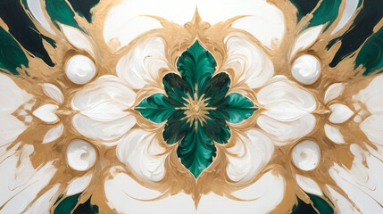 Swirling kaleidoscope of white, gold and green emerald colors - obrazy, fototapety, plakaty