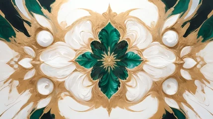 Poster Swirling kaleidoscope of white, gold and green emerald colors © Arif