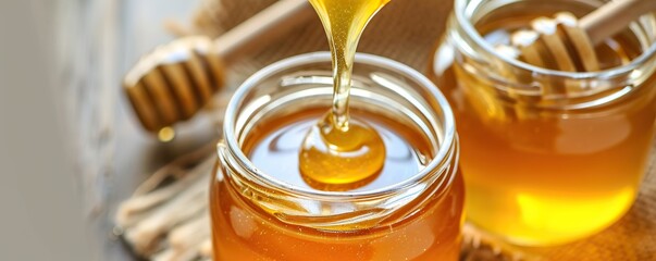 Honey is put in a glass on a wooden table.