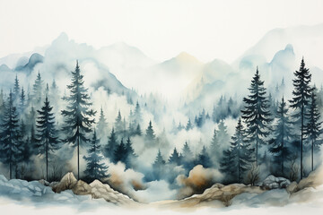 Serene watercolor forest landscape with majestic mountains pine trees and lush greenery generative Forest silhouette background watercolor painting of a spruce forest Generative Ai