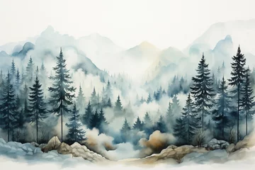 Fotobehang Serene watercolor forest landscape with majestic mountains pine trees and lush greenery generative Forest silhouette background watercolor painting of a spruce forest Generative Ai © AbdullahAl