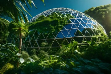 Futuristic geodesic dome ecological architecture with vegetation. Eco-friendly concepts. Eco-architecture. Modern city in future