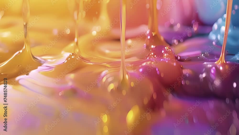 Poster closeup of a liquid dripping creating intricate patterns as it mixes with other colors on a reflecti