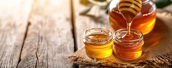 Honey is put in a glass on a wooden table. - obrazy, fototapety, plakaty