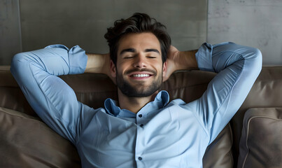 photo handsome business man smiling with hands behind head dozing on couch - obrazy, fototapety, plakaty