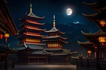 Foto op Canvas Traditional Chinese Buddhist Temple illuminated for the Mid-Autumn festival. digital art © Maryam