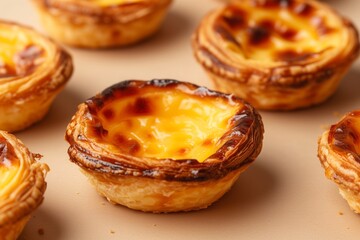 Fototapeta premium Traditional portuguese vanilla pudding puff pastry pastel de nata on the beige colored seamless studio background