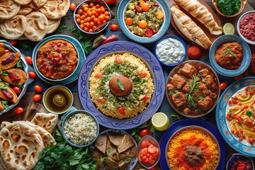 Different dishes offered on table for Muslims during Ramadan. Comforting and nourishing options for those breaking fasting during holy month - obrazy, fototapety, plakaty
