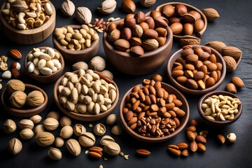 Different types of nuts on the table. Healthy eating and good nutrition. - obrazy, fototapety, plakaty