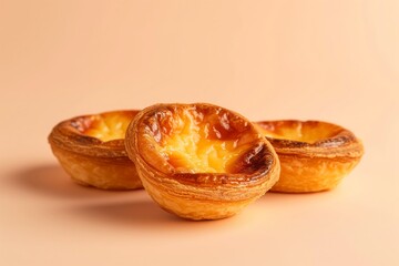 Traditional portuguese vanilla pudding puff pastry pastel de nata on the beige colored seamless studio background