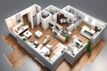 Fototapeta na wymiar isometric interior design plan of a 3 bedroom house.