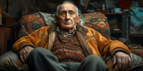 An old man sitting on a sofa feeling sad and lonely