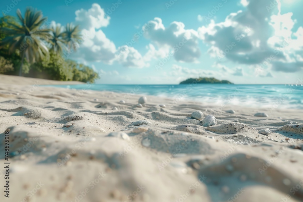 Poster a sandy beach with a small island in the distance. suitable for travel and vacation concepts