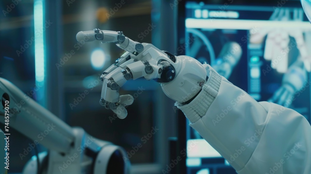 Aufkleber Futuristic image of a robot interacting with technology. Perfect for illustrating AI or technology concepts