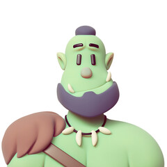 Portrait of a cool cute bearded cheerful green orc, smiling face, necklace with fangs on neck, fur on one shoulder. Fairytale friendly giant warrior happy expression. 3d render isolated transparent.