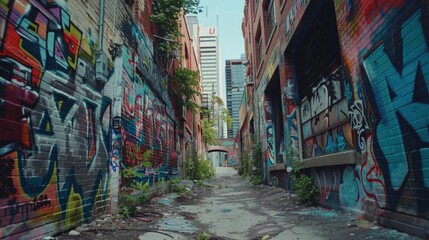 Urban alley with colorful graffiti, perfect for cityscape backgrounds