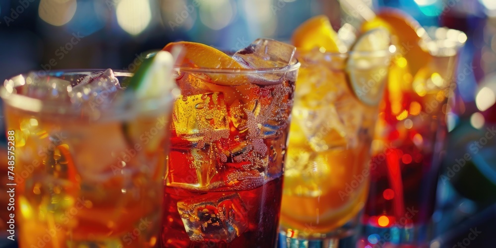 Poster different types of drinks in a row of glasses. suitable for beverage concept designs