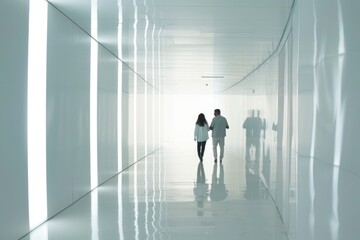 A couple walking down a hallway. Suitable for various concepts and designs