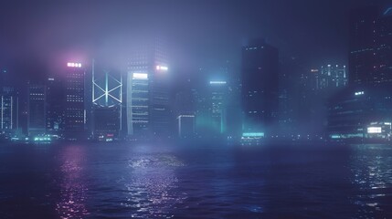 City skyline at night with foggy sky. Suitable for urban and atmospheric themes