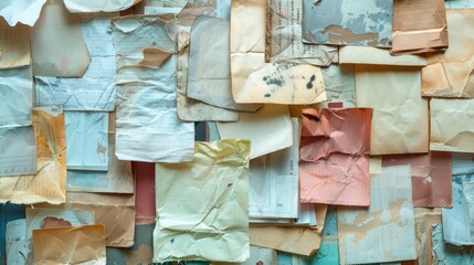 Torn paper pieces hanging on a wall. Suitable for office, education, or creativity concepts