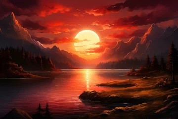 Schilderijen op glas Serene Red sunset view. Summer light. Generate Ai © juliars