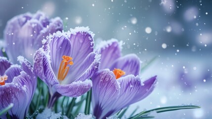 Cluster of purple flowers covered in snow