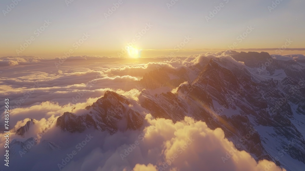 Poster a stunning view of the sun setting above the clouds. perfect for nature and landscape enthusiasts