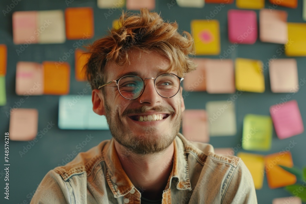 Poster A man with glasses smiling in front of a wall of colorful post-it notes. Ideal for business and organization concepts