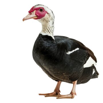 Muscovy duck in natural pose isolated on white background, photo realistic