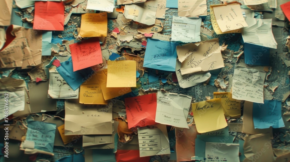 Poster wall covered in post it notes, useful for office or brainstorming concepts