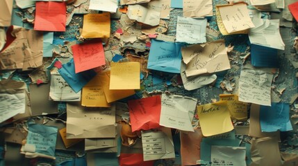 Wall covered in post it notes, useful for office or brainstorming concepts