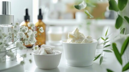 Fototapeta na wymiar A bowl of whipped cream next to a small bowl of whipped cream. Perfect for food and dessert concepts