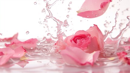 pink rose petals water splash on white background
