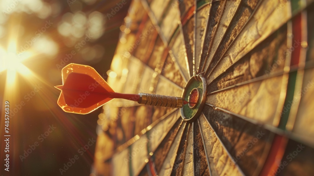 Poster close up of a dart hitting a target, perfect for business or success concepts